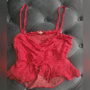 Twine & String Red Polka Dot Ruffle Tie Front Crop Top XL